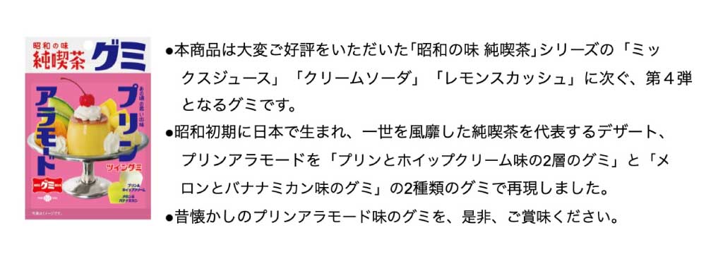 株式会社ジェイアール西日本デイリーサービスネット、株式会社ジェイアールサービスネット金沢、株式会社ジェイアールサービスネット岡山、株式会社ジェイアールサービスネット広島、 株式会社ジェイアールサービスネット福岡、JR西日本山陰開発株式会社は、「昭和の味 純喫茶グミプリンアラモード」を、JR西日本エリアの駅ナカにある「セブン‐イレブン ハートイン」や、「セブン‐イレブン キヨスク」等の店舗にて先行発売いたします。